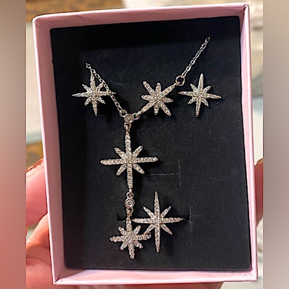 Sterling Silver North Star Zircon Necklace Ring Earrings Matching Set